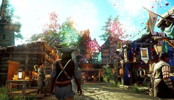 A New World character in a settlement as fireworks burts overhead in the MMORPG